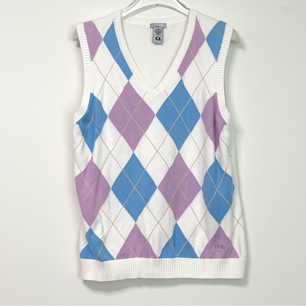 Izod Ladies Golf Argylle Sweater Vest VNeck White Lavender Blue 100% Cotton L